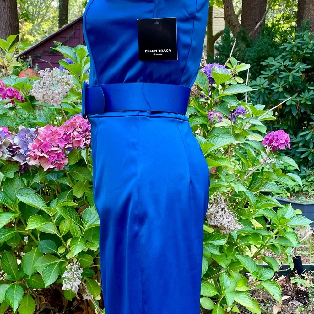 RARE NWT Ellen Tracy Vibrant Blue Pin Up 40’s Style Belted Dress Size: 2P - Picture 3 of 16